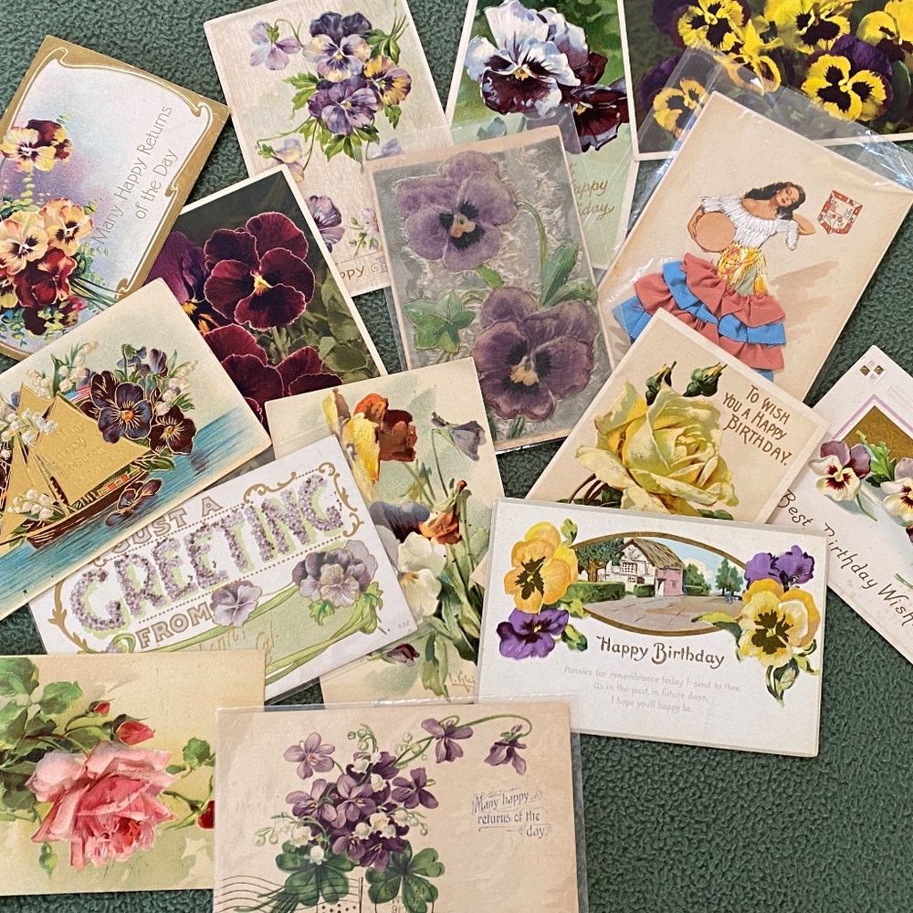 15 antique POSTCARDS Ephemera pansy flowers birthday collectible post cards